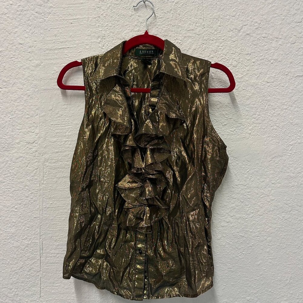 Gold Silk Button up Ruffle Blouse Ralph Lauren